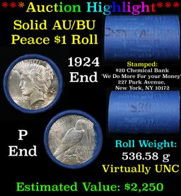 ***Auction Highlight*** AU/BU Slider Chemical Bank Shotgun Peace $1 Roll 1924 & P Ends Virtually UNC