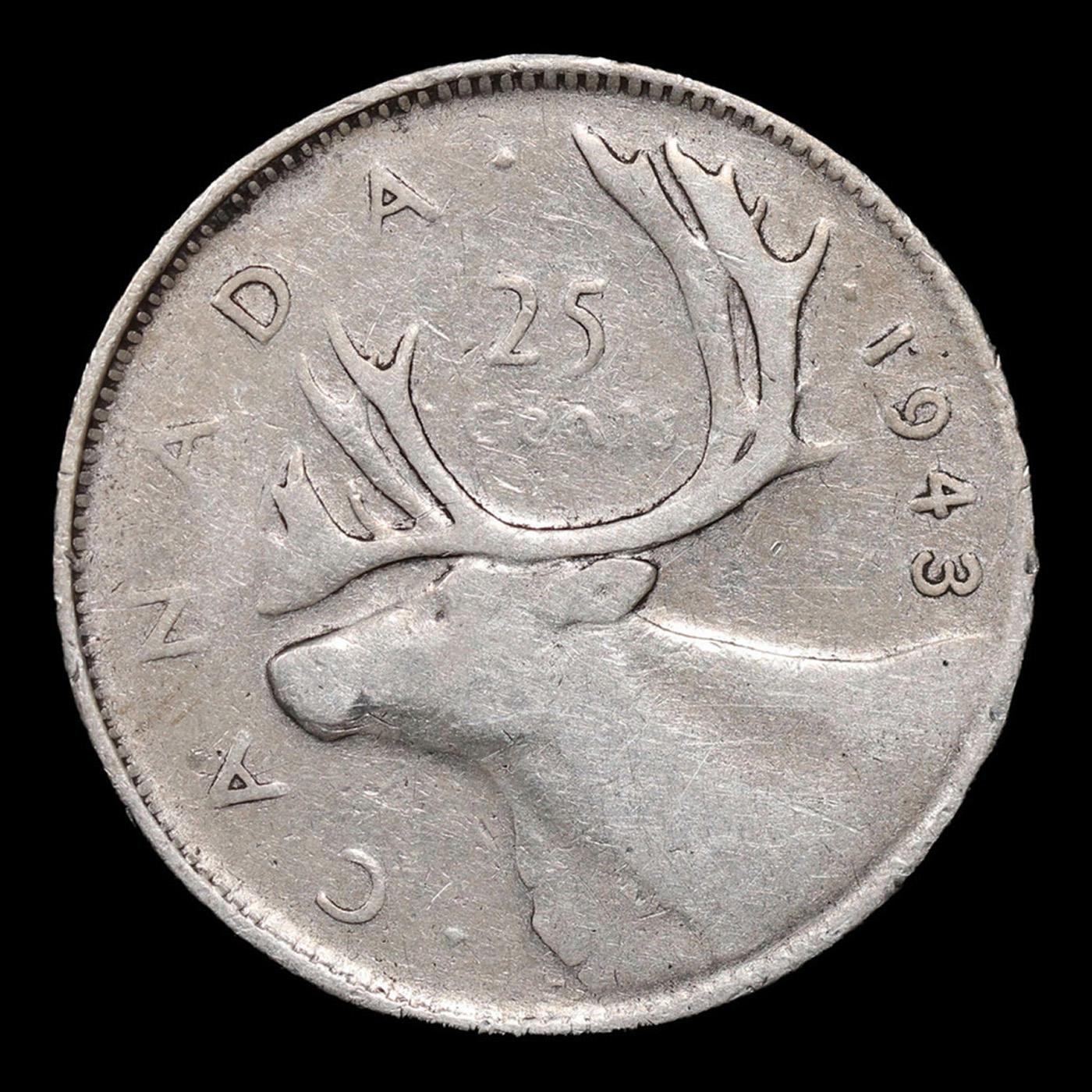 1943 Canada 25 Cents 25c KM-35 Grades xf+