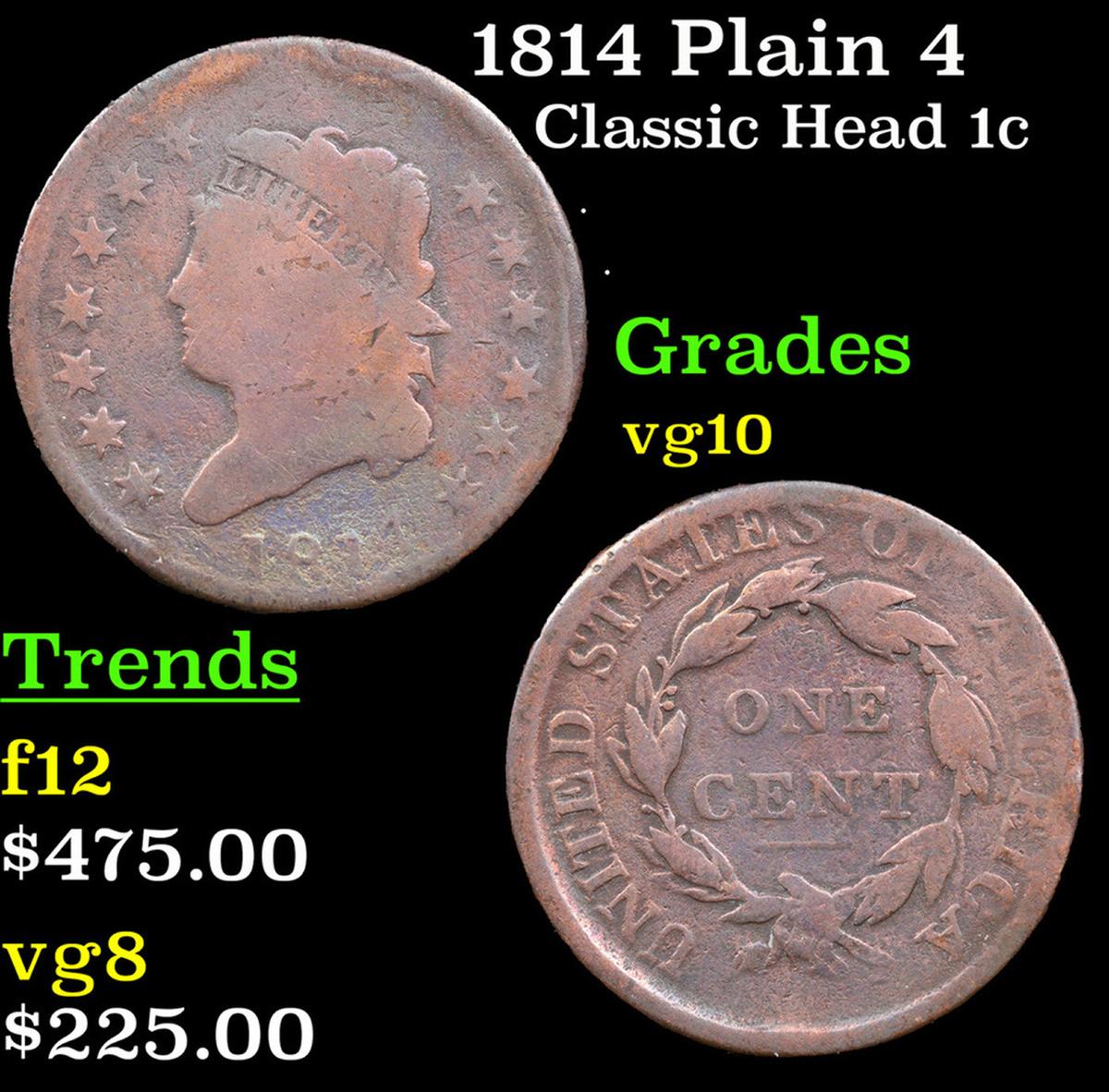 1814 Plain 4 Classic Head Large Cent 1c Grades vg+