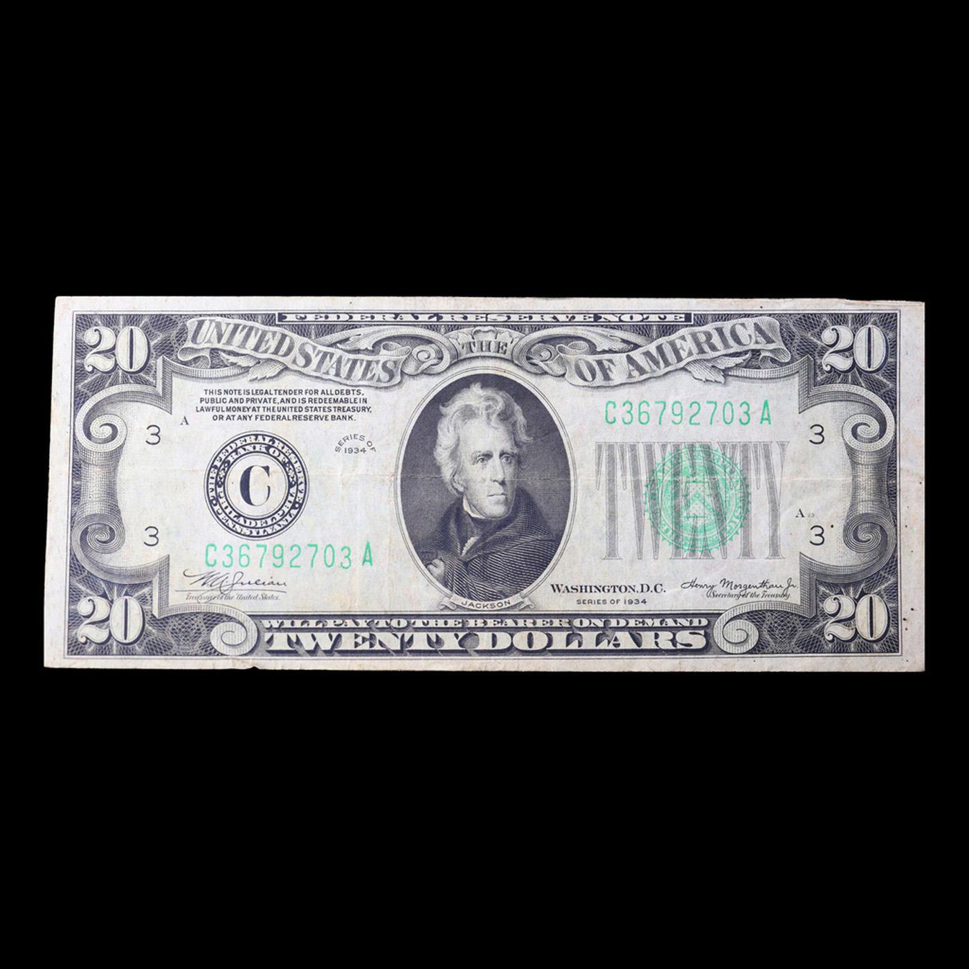 1934 $20 Green Seal Federal Reserve Note (Philadelphia, PA) Grades vf+