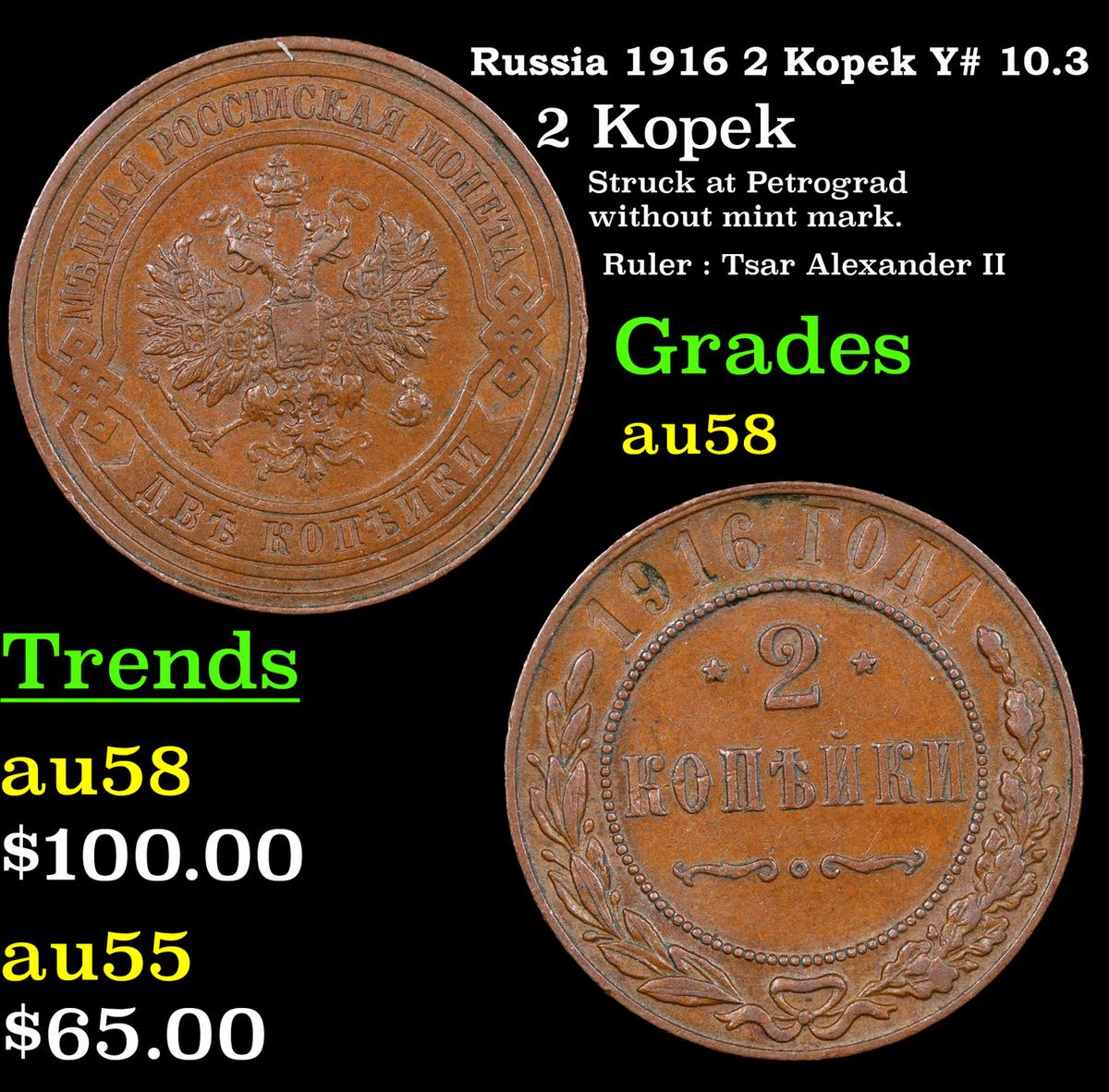 Russia 1916 2 Kopek Y# 10.3 Grades Choice AU/BU Slider