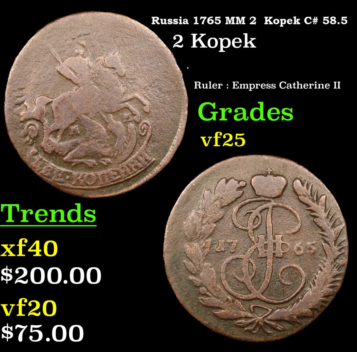 Russia 1765 MM 2  Kopek C# 58.5 Grades vf+