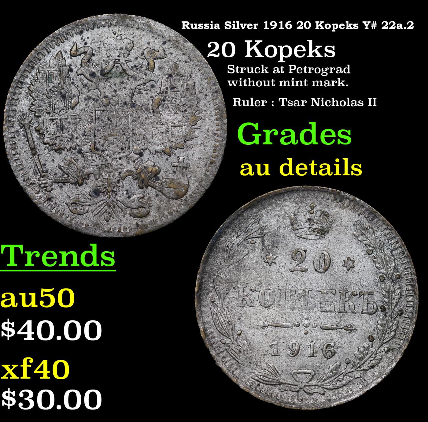 Russia Silver 1916 20 Kopeks Y# 22a.2 Grades AU Details