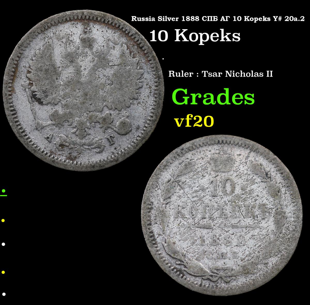 Russia Silver 1888 Cn6 Ar 10 Kopeks Y# 20a.2 Grades vf, very fine