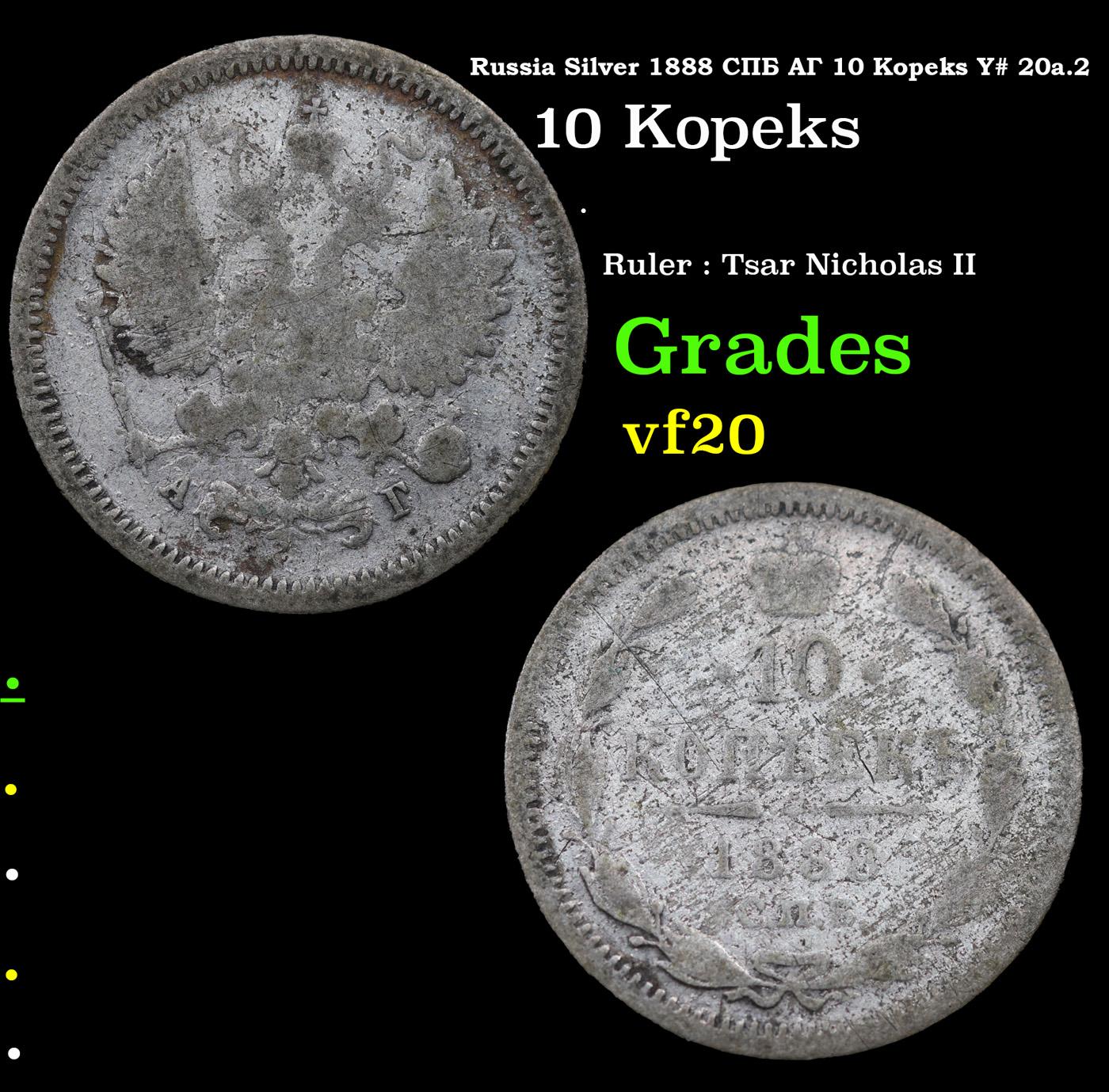 Russia Silver 1888 Cn6 Ar 10 Kopeks Y# 20a.2 Grades vf, very fine