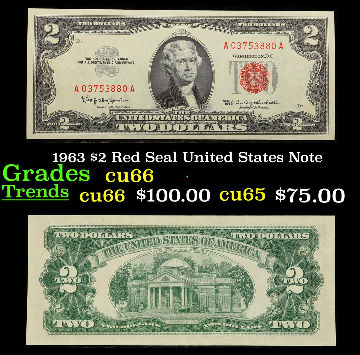 1963 $2 Red Seal United States Note Grades Gem+ CU