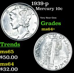 1939-p Mercury Dime 10c Grades Choice+ Unc