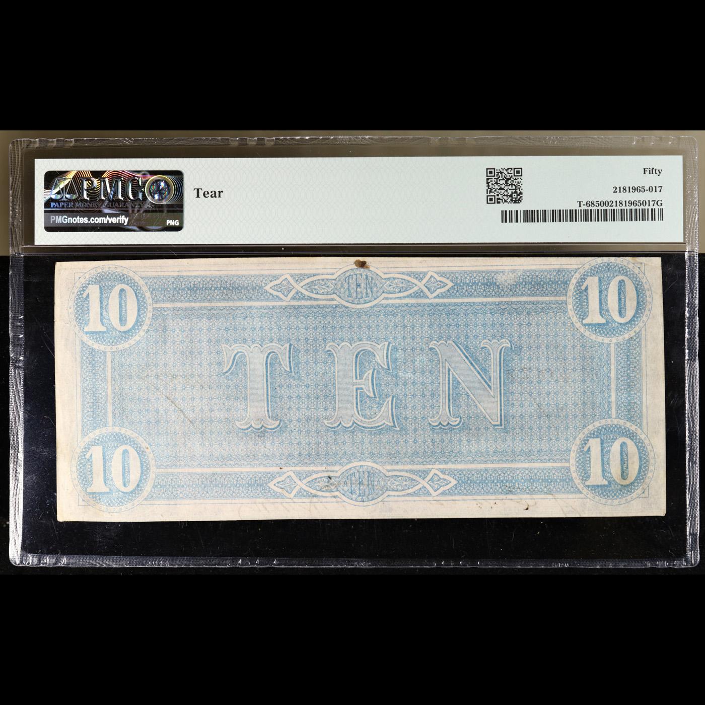 1864 $10 Confederate Note, T-68 Graded au50 By PMG