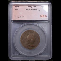 ***Auction Highlight*** 1793 Liberty Cap half cent S-13 1/2c Graded vf20 details BY SEGS (fc)