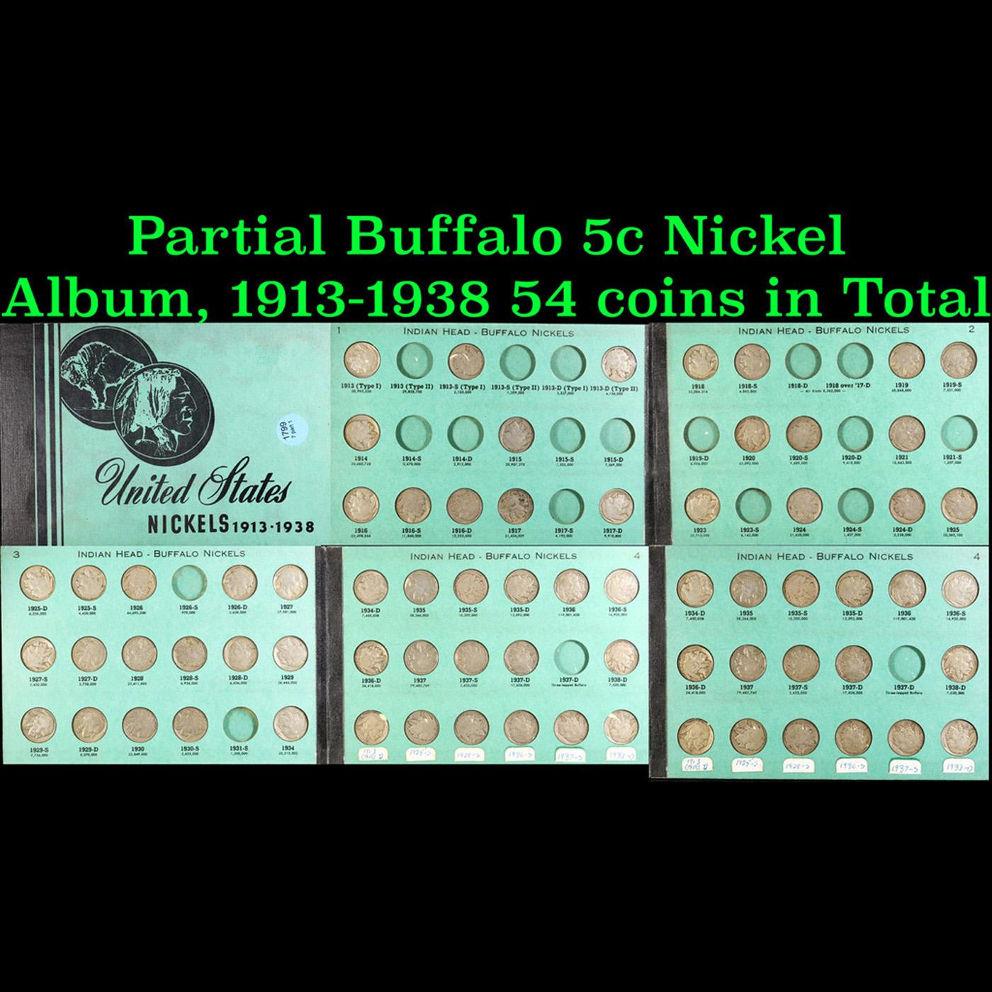 Partial Buffalo 5c Nickel Album, 1913-1938 54 coins in Total