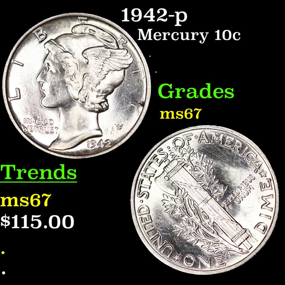 1942-p Mercury Dime 10c Grades GEM++ Unc