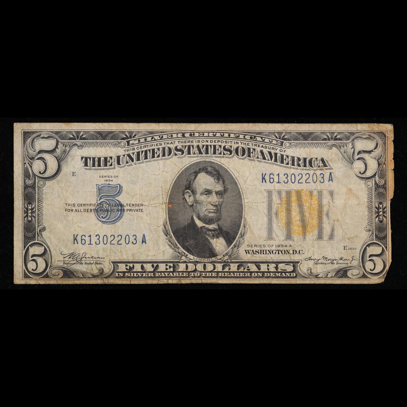 1934A $5 Silver Certificate North Africa WWII Emergency Currency Grades f+