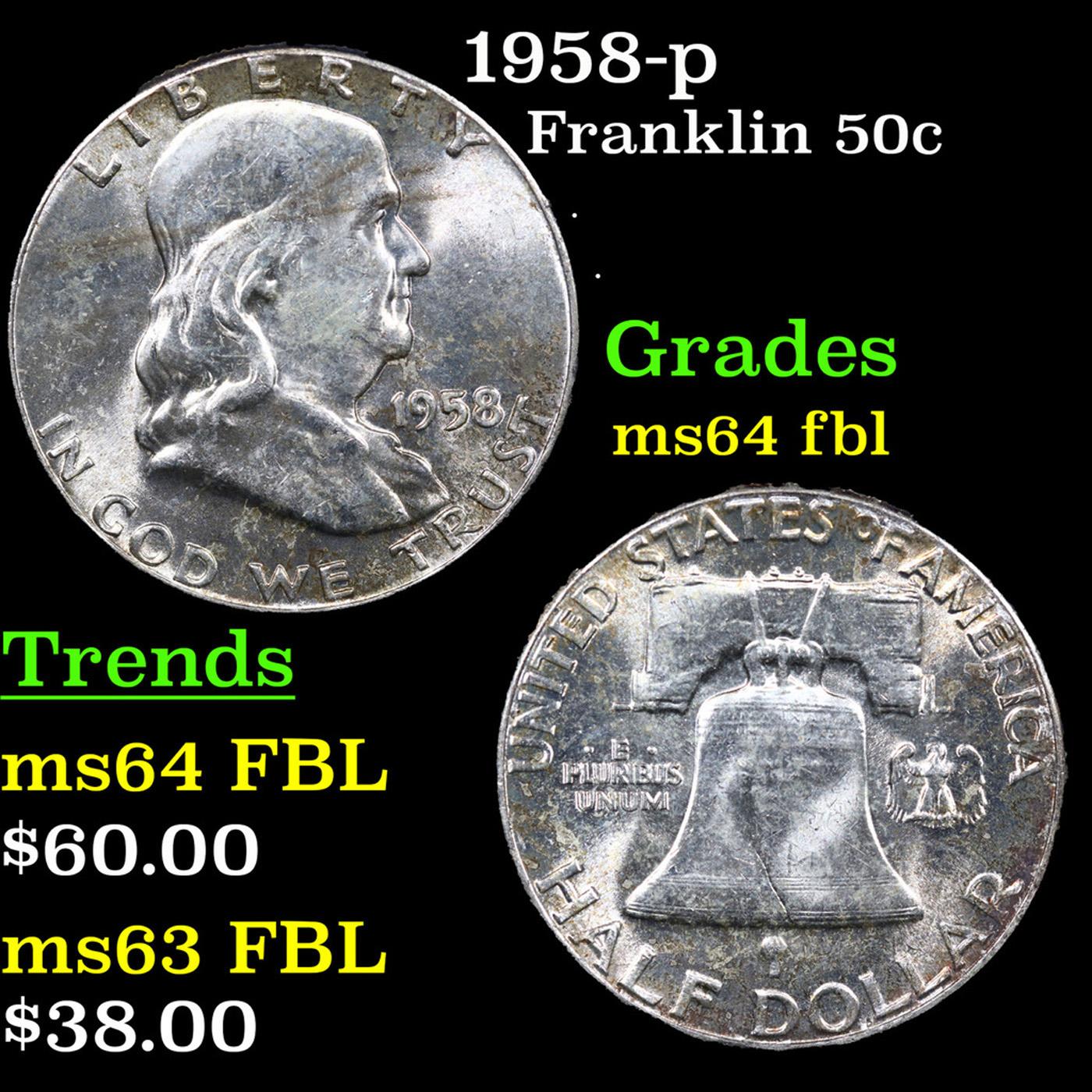 1958-p Franklin Half Dollar 50c Grades Choice Unc FBL