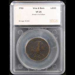 ***Auction Highlight*** 1793 Wreath Vine & Bars Flowing Hair large cent 1c Graded vf25 By SEGS (fc)