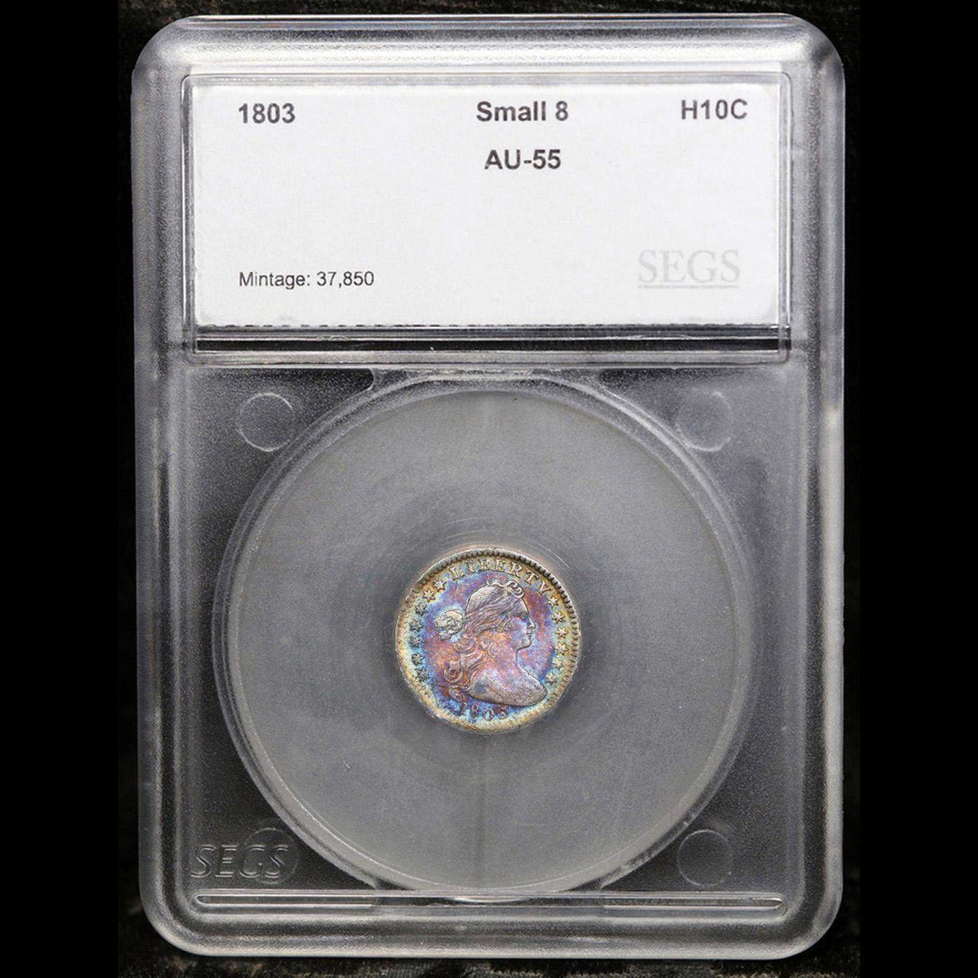 ***Auction Highlight*** 1803 Draped Bust Half Dime Small 8 Rainbow Toned 1/2 10c Graded au55 By SEGS