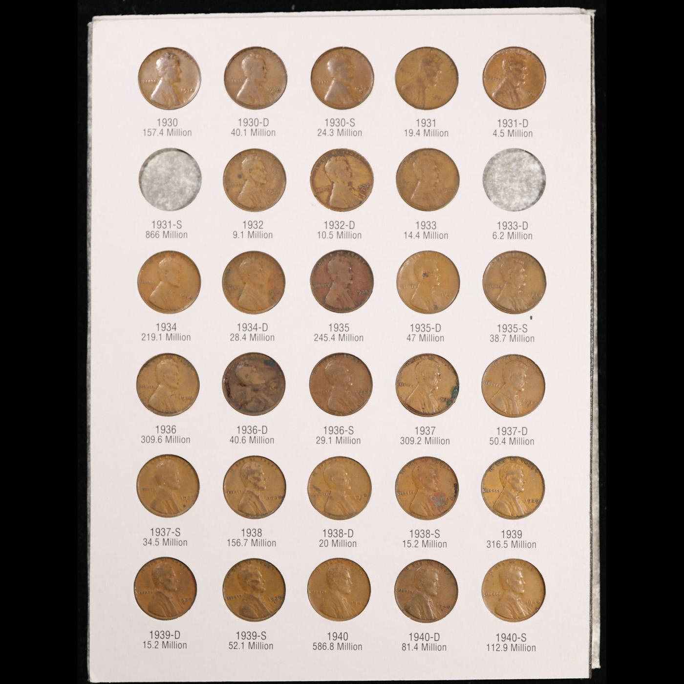 Partial Lincoln 1c Whitman Folder, 1909-1940 63 coins in Total