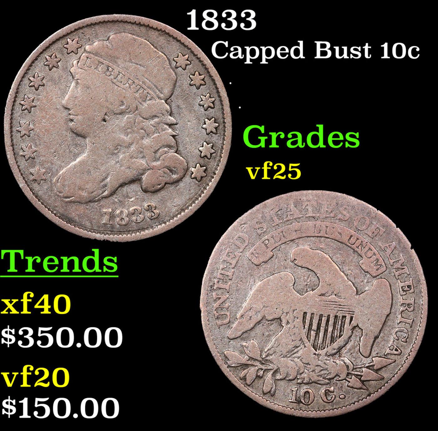 1833 Capped Bust Dime 10c Grades vf+