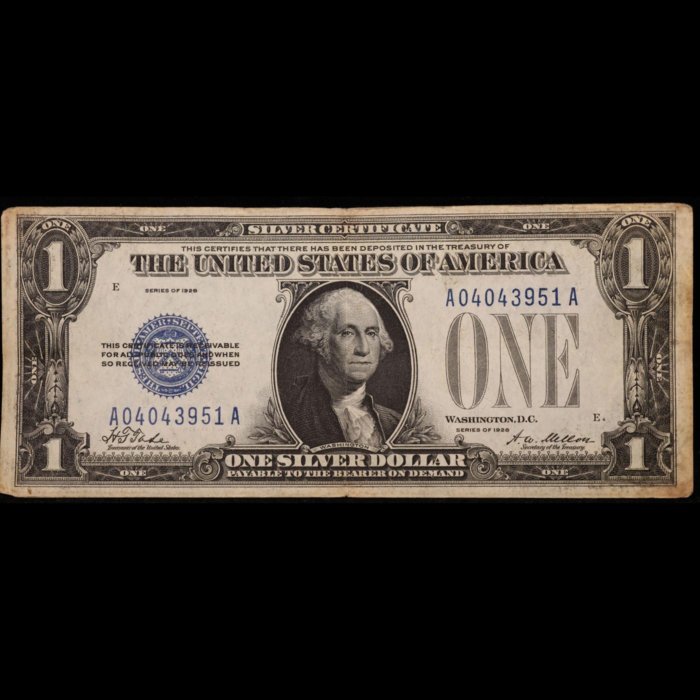 1928 "Funny Back" $1 Blue Seal Silver Certificate Grades Select AU