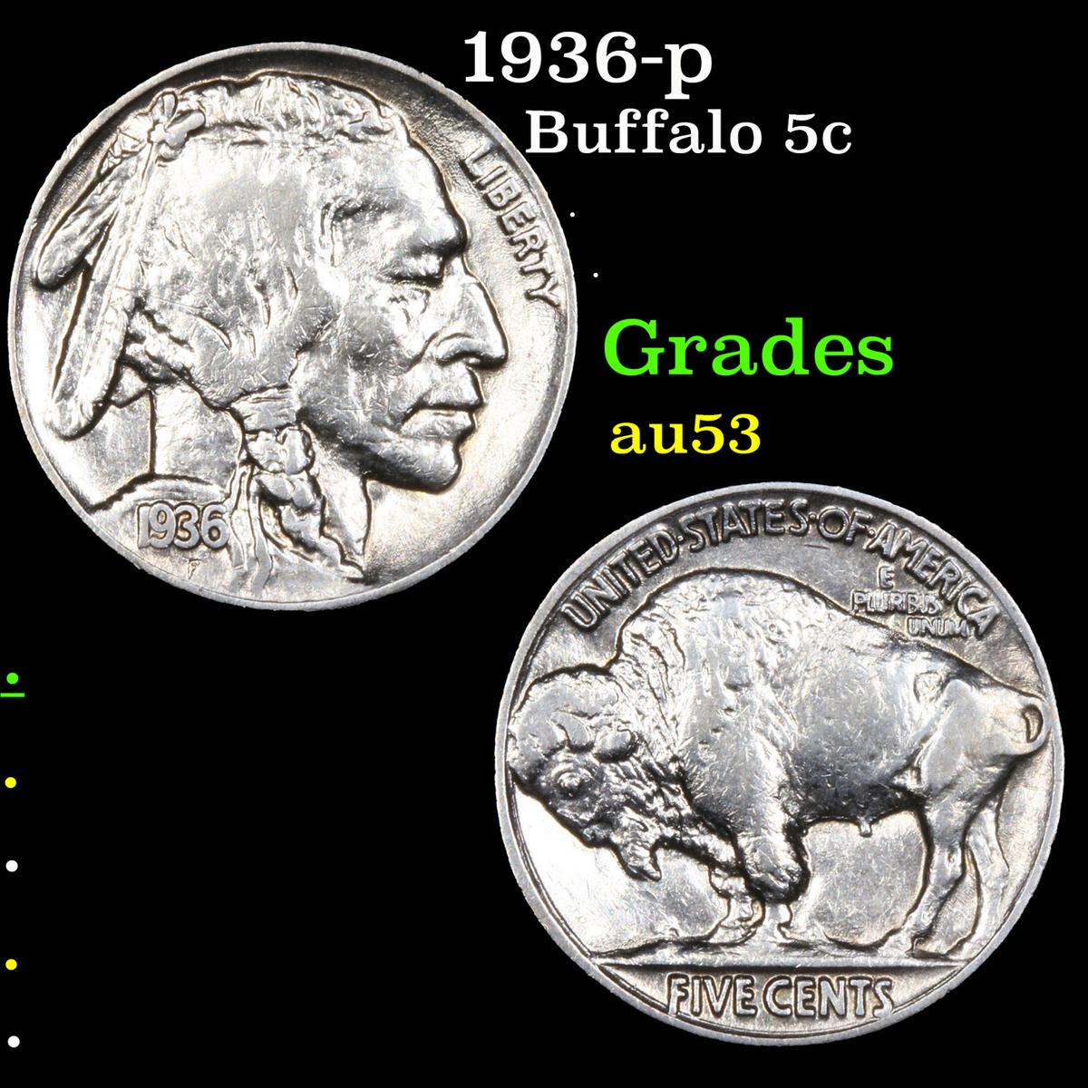 1936-p Buffalo Nickel 5c Grades Select AU