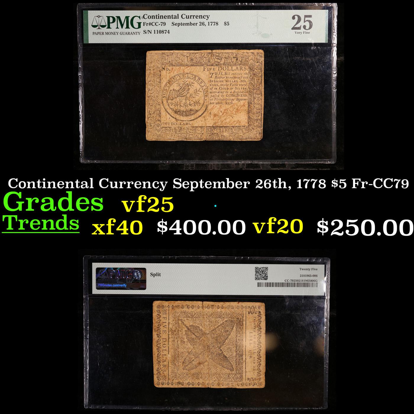 Continental Currency September 26th, 1778 $5 Fr-CC79 Graded vf25 By PMG