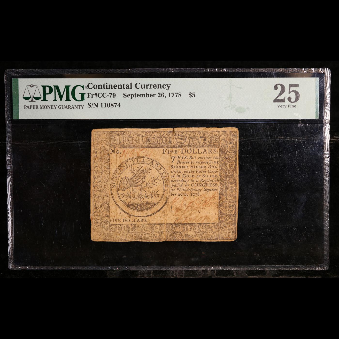 Continental Currency September 26th, 1778 $5 Fr-CC79 Graded vf25 By PMG