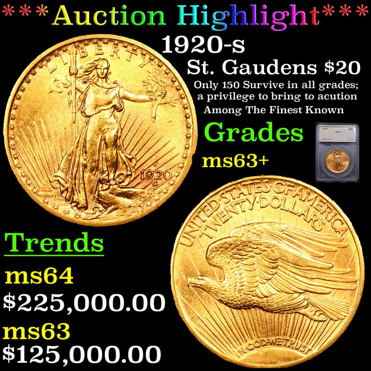 ***Auction Highlight*** 1920-s Gold St. Gaudens Double Eagle $20 Graded ms63+ BY SEGS (fc)