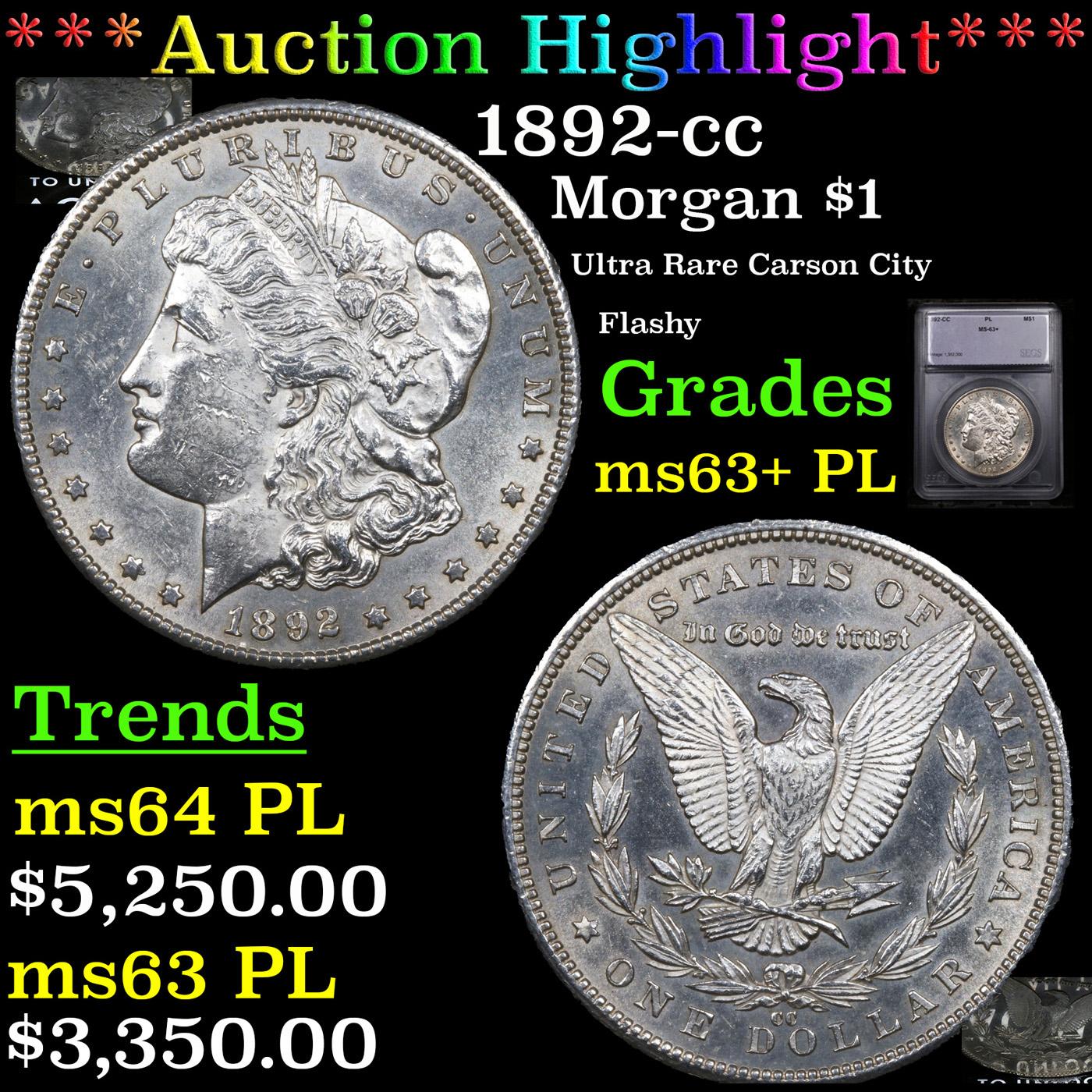 ***Auction Highlight*** 1892-cc Morgan Dollar $1 Graded ms63+ PL BY SEGS (fc)