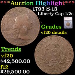 ***Auction Highlight*** 1793 Liberty Cap half cent S-13 1/2c Graded vf20 details BY SEGS (fc)