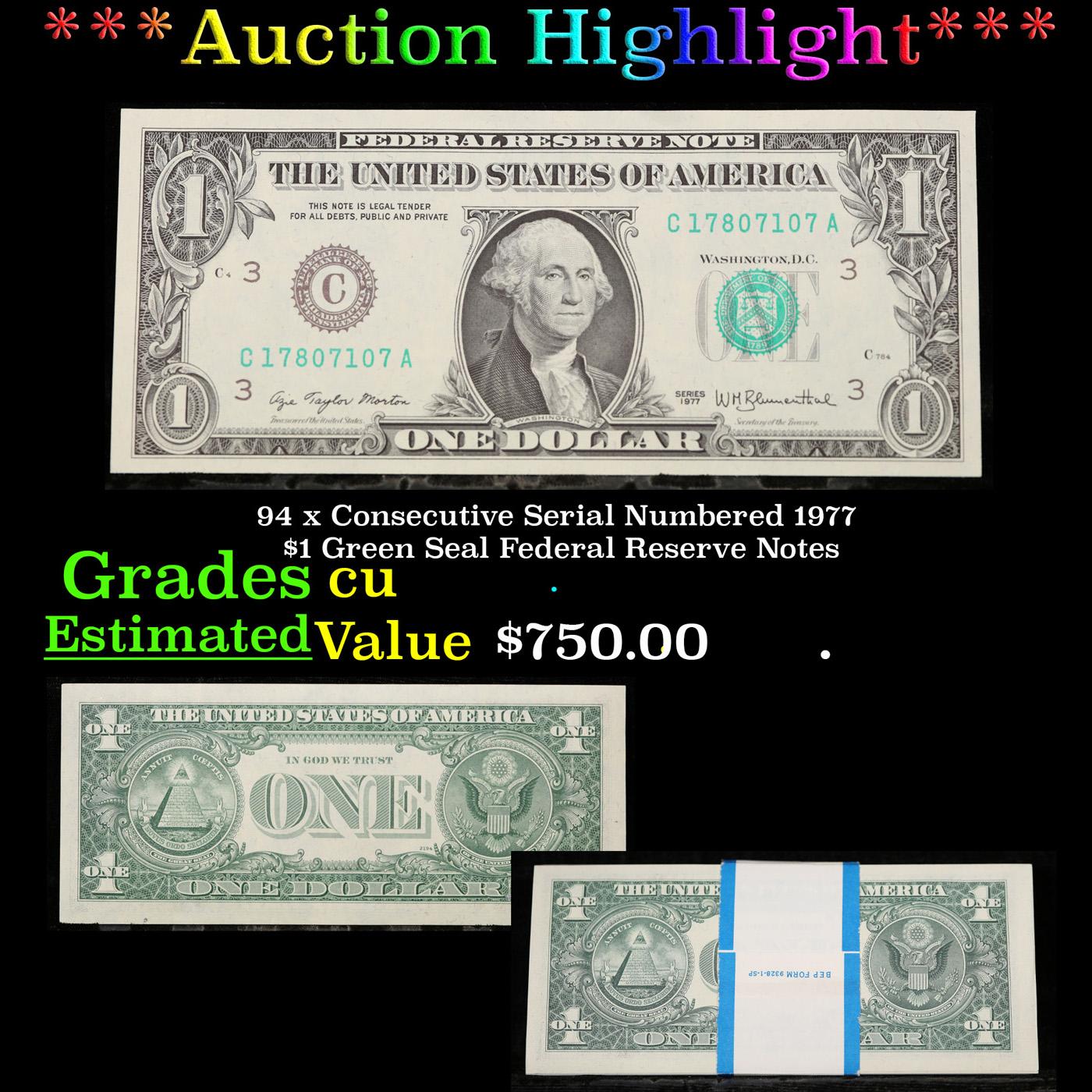 ***Auction Highlight*** 94 x Consecutive Serial Numbered 1977 $1 Green Seal Federal Reserve Notes Gr