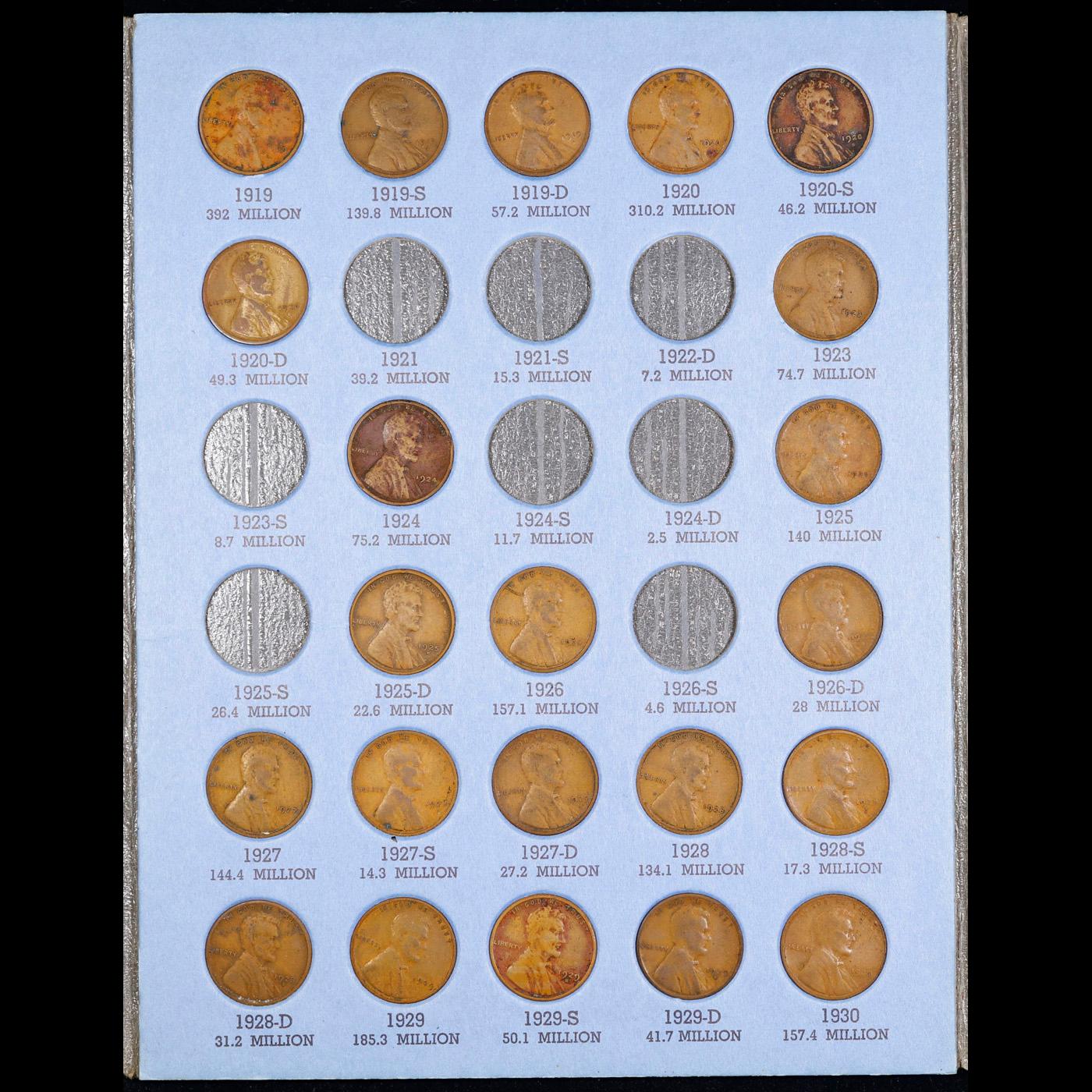 Near Complete Lincoln 1c Whitiman Album, 1909-1940, 59 coins in Total