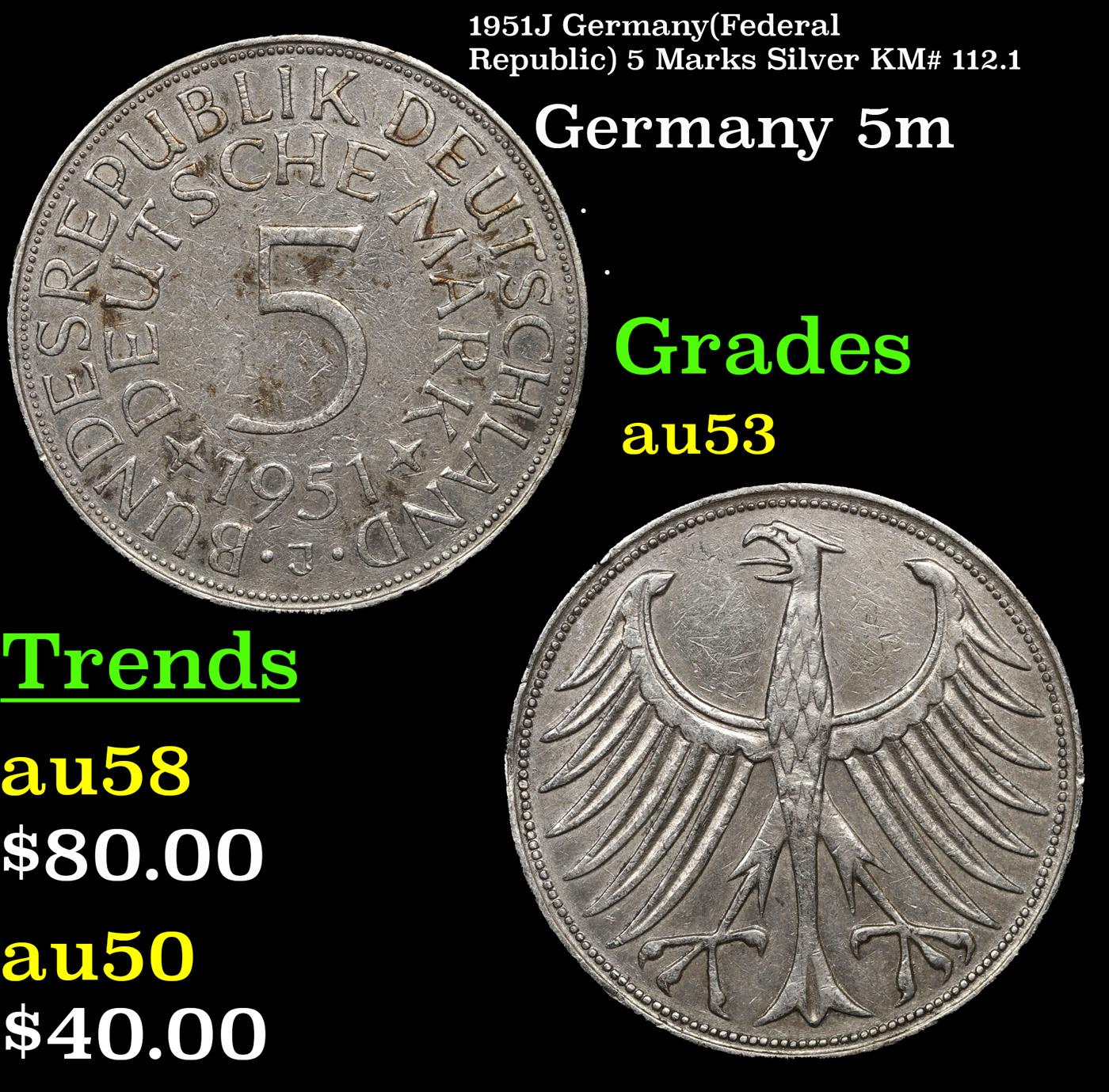 1951J Germany(Federal Republic) 5 Marks Silver KM# 112.1 Grades Select AU