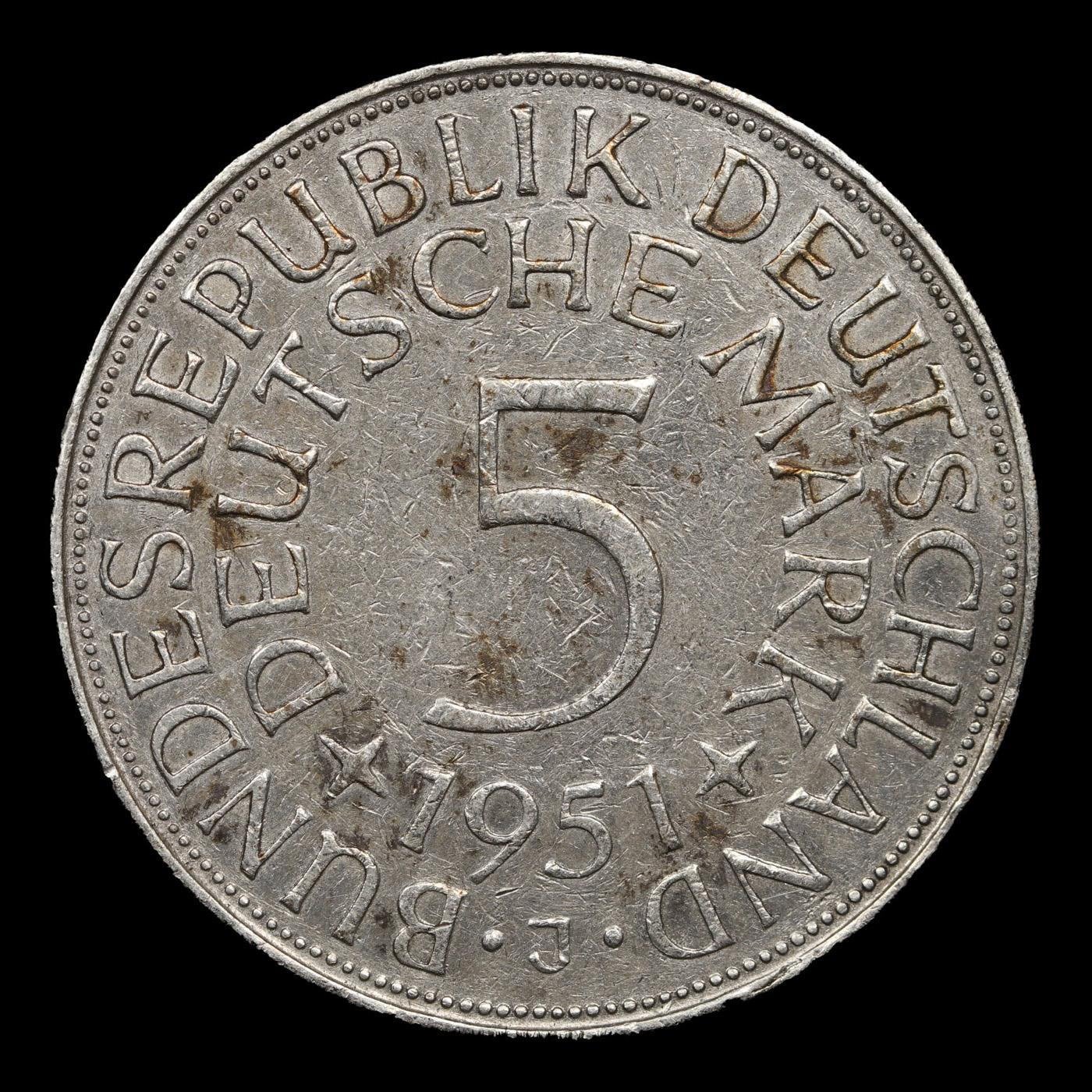 1951J Germany(Federal Republic) 5 Marks Silver KM# 112.1 Grades Select AU