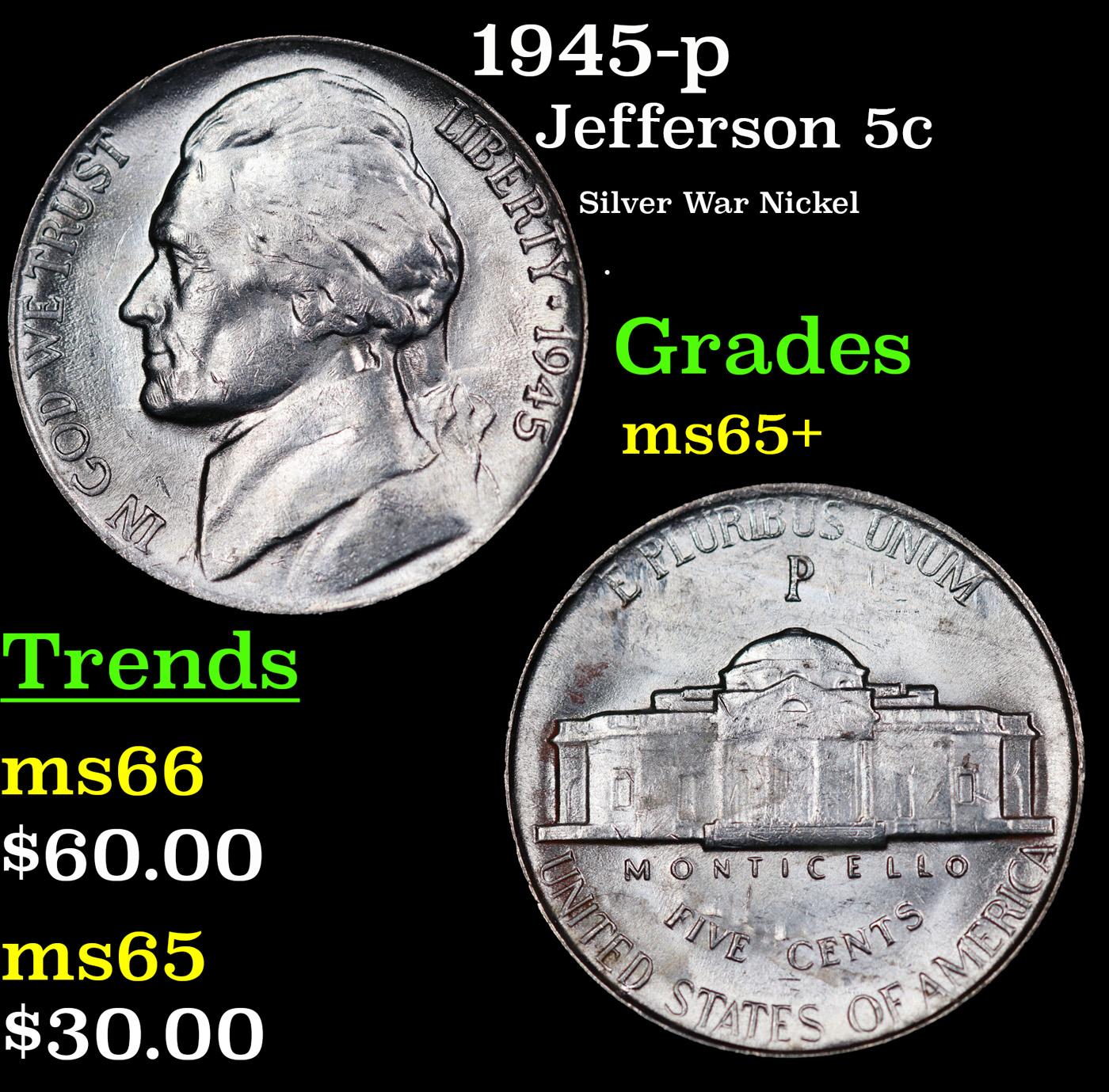 1945-p Jefferson Nickel 5c Grades GEM+ Unc