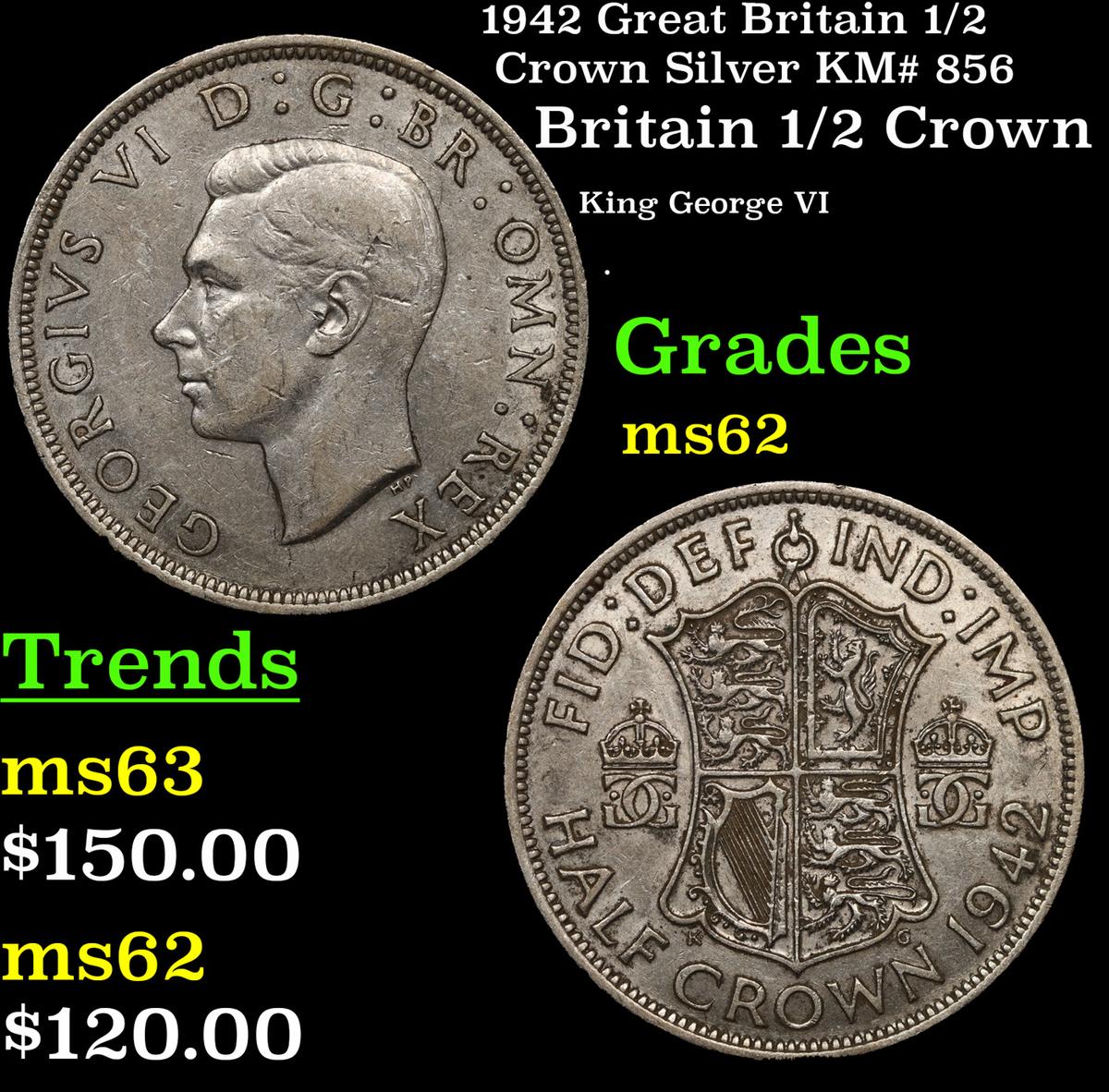 1942 Great Britain 1/2 Crown Silver KM# 856 Grades Select Unc