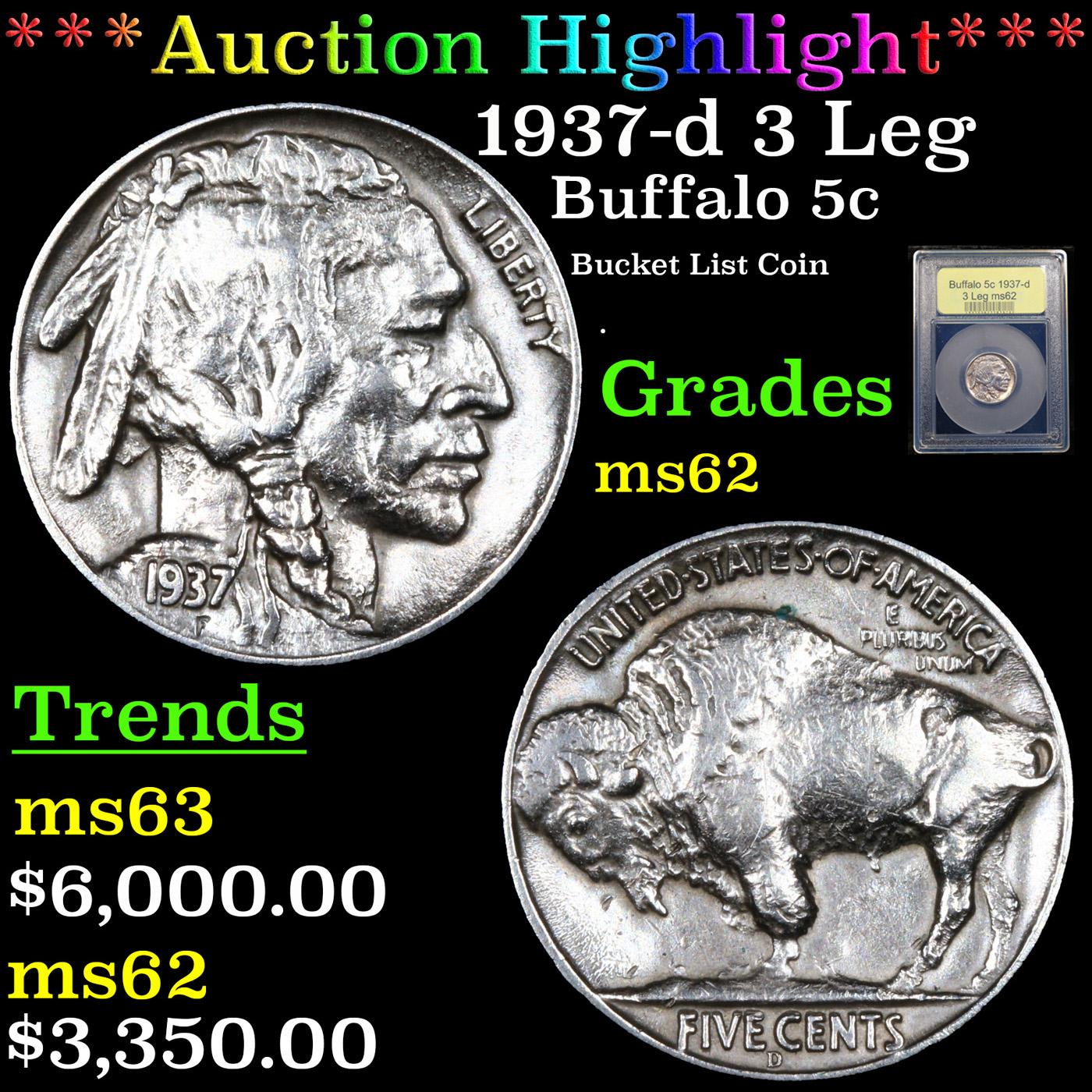 ***Auction Highlight*** 1937-d 3 Leg Buffalo Nickel 5c Graded Select Unc BY USCG (fc)