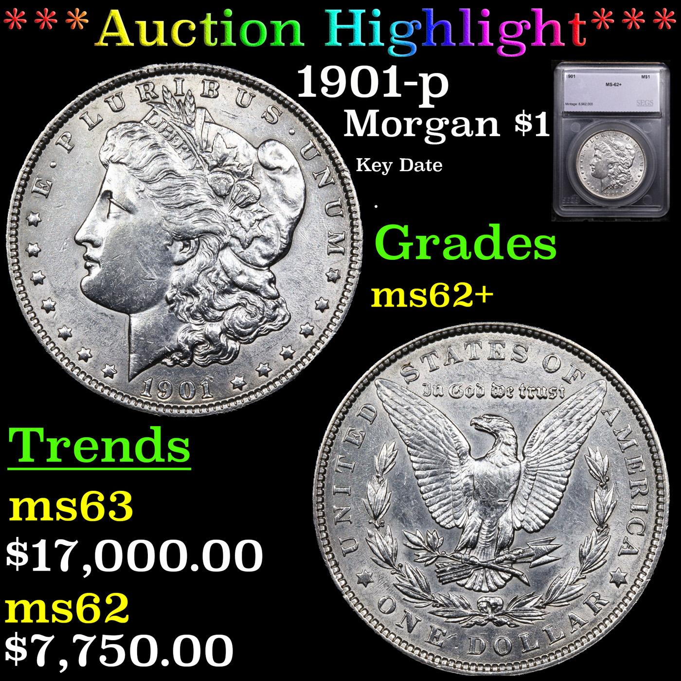 ***Auction Highlight*** 1901-p Morgan Dollar $1 Graded ms62+ BY SEGS (fc)