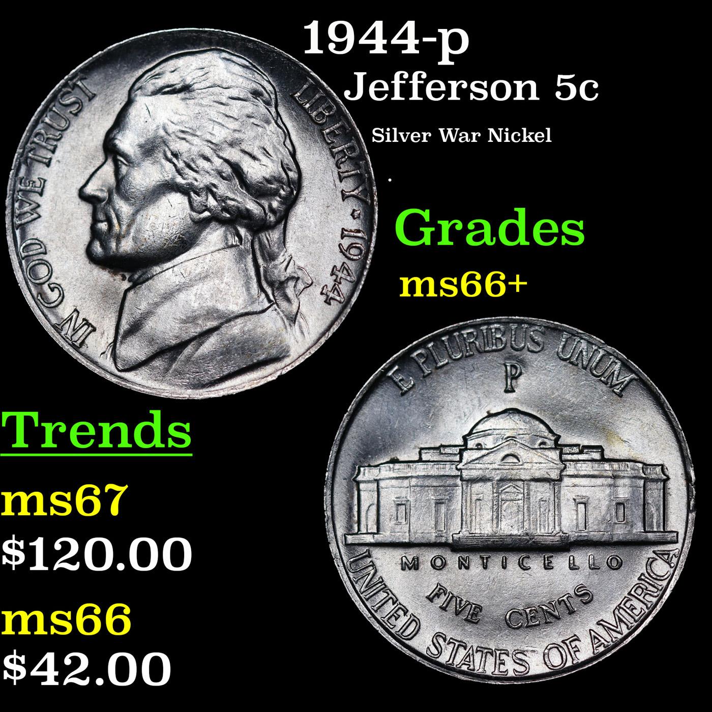 1944-p Jefferson Nickel 5c Grades GEM++ Unc