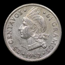 1952 Dominican Republic 25 Centavos Silver KM# 20 Grades Select AU