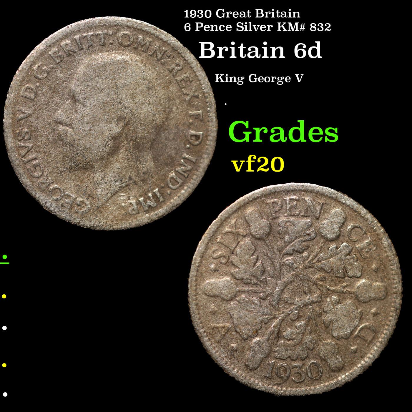 1930 Great Britain 6 Pence Silver KM# 832 Grades vf, very fine