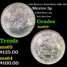 1948 Mexico 5 Pesos Silver KM# 465 Grades Choice+ Unc