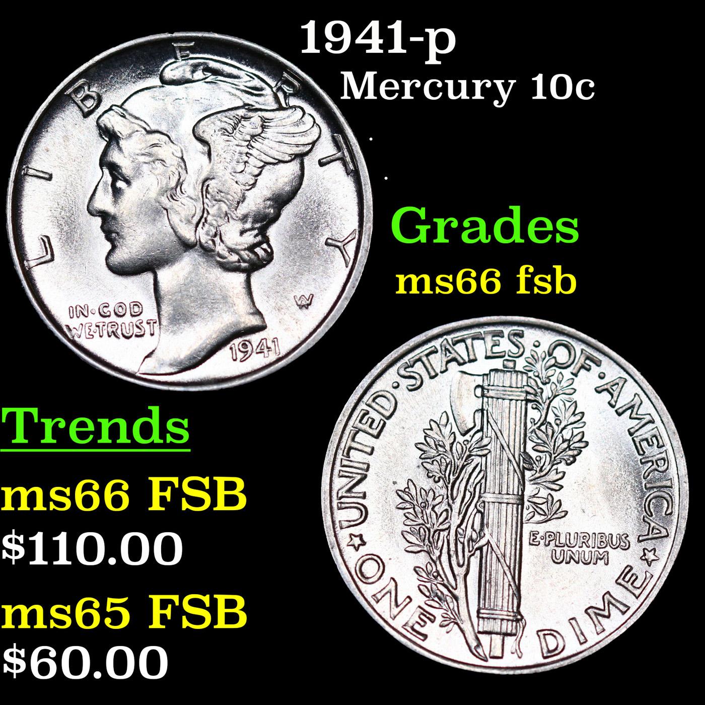 1941-p Mercury Dime 10c Grades GEM+ FSB