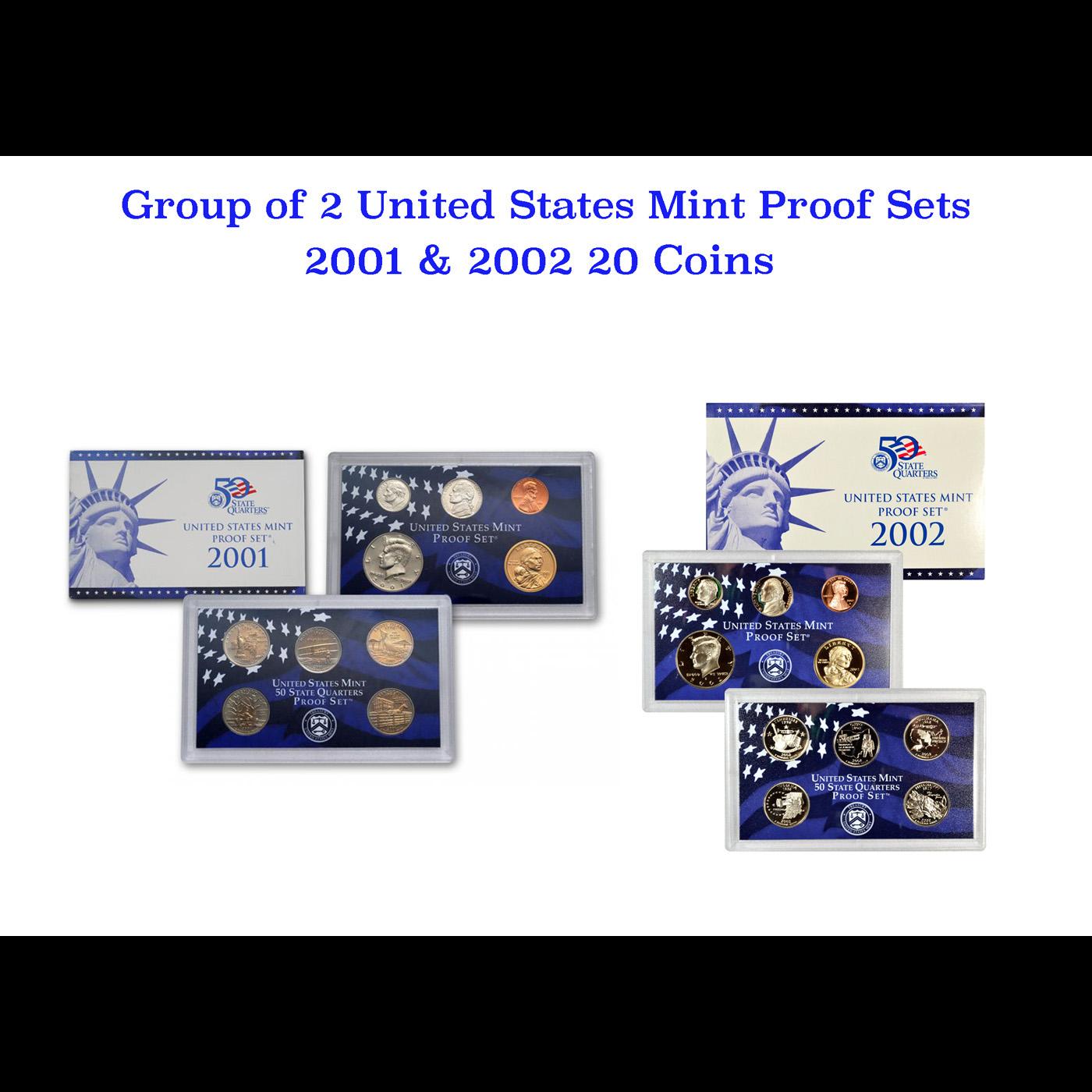 Group of 2 United States Mint Proof Sets 2001-2002 20 coins.