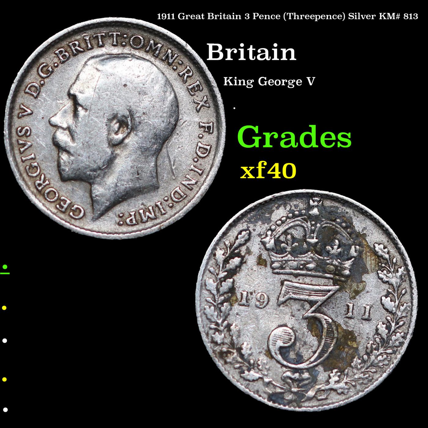 1911 Great Britain 3 Pence (Threepence) Silver KM# 813 Grades xf