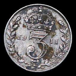 1911 Great Britain 3 Pence (Threepence) Silver KM# 813 Grades xf