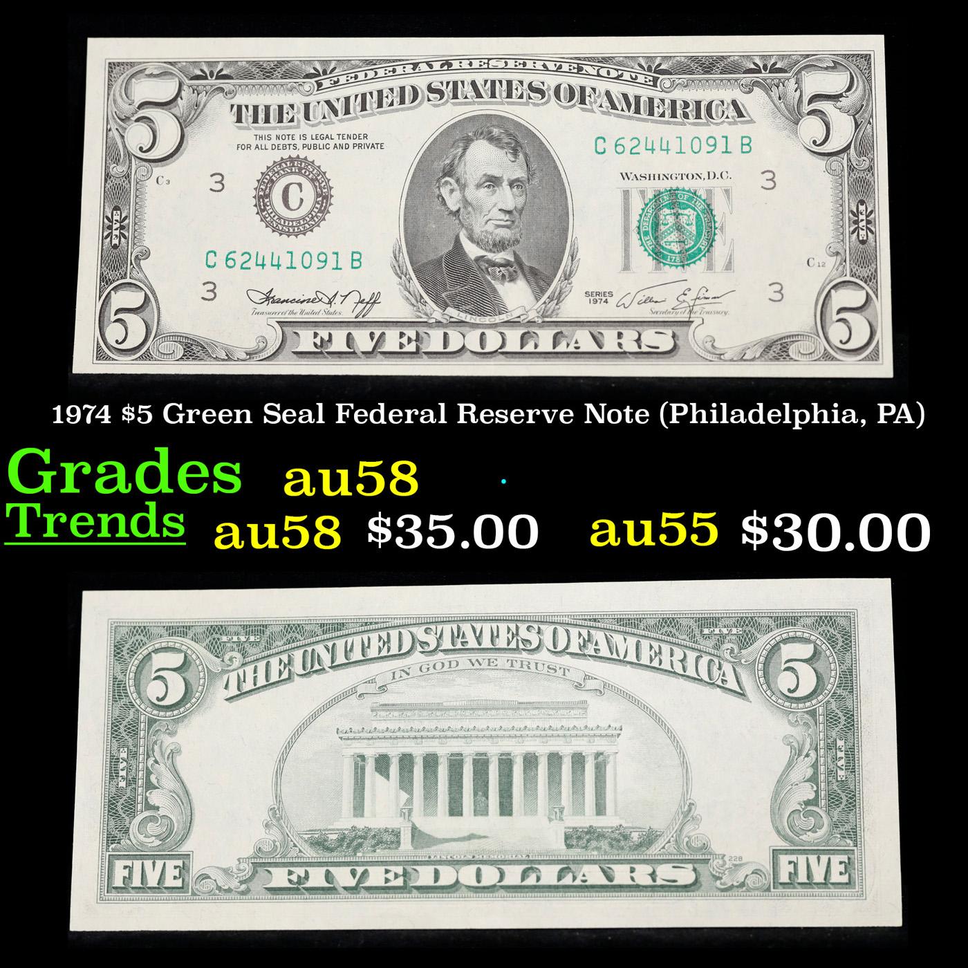 1974 $5 Green Seal Federal Reserve Note (Philadelphia, PA) Grades Choice AU/BU Slider