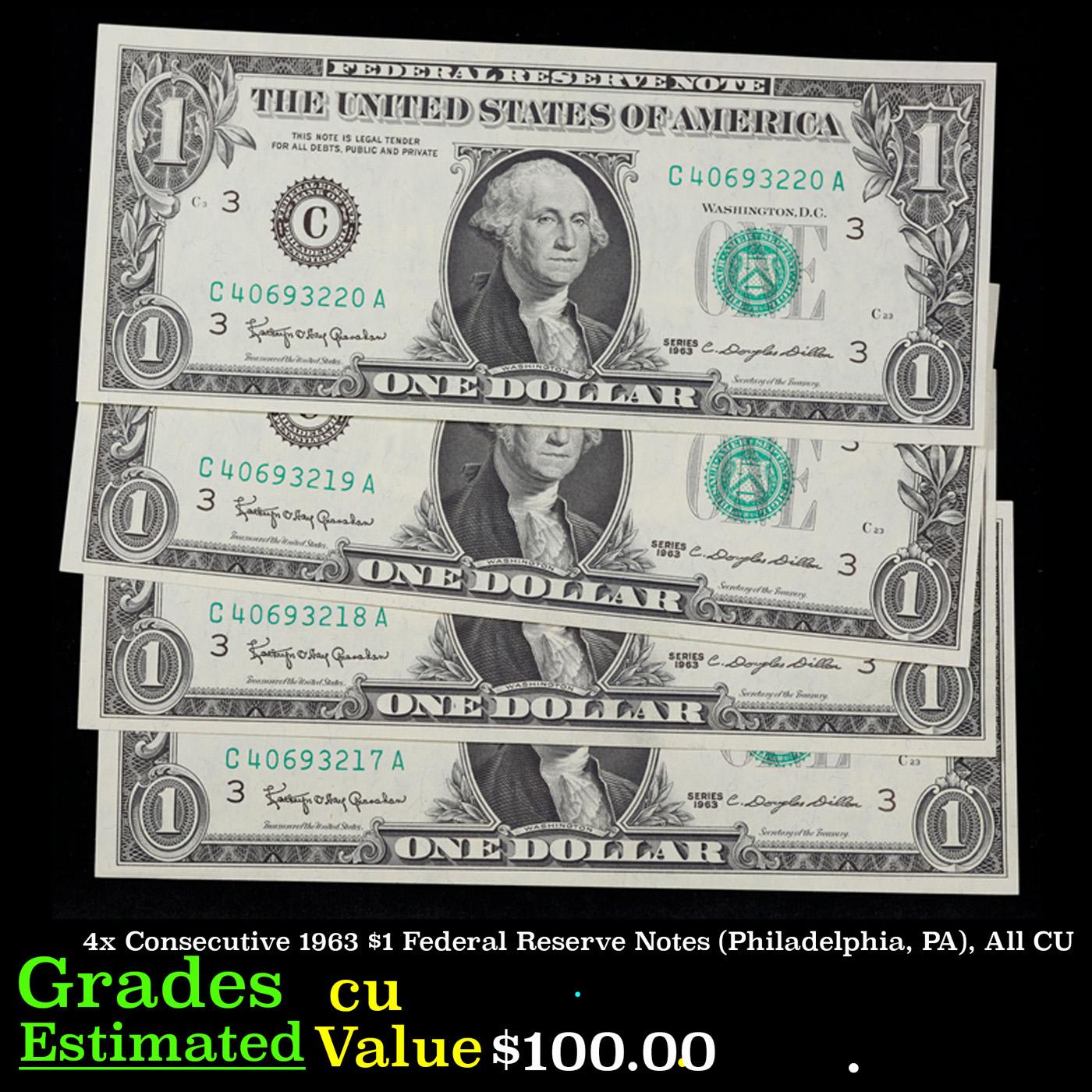 4x Consecutive 1963 $1 Federal Reserve Notes (Philadelphia, PA), All CU Grades CU