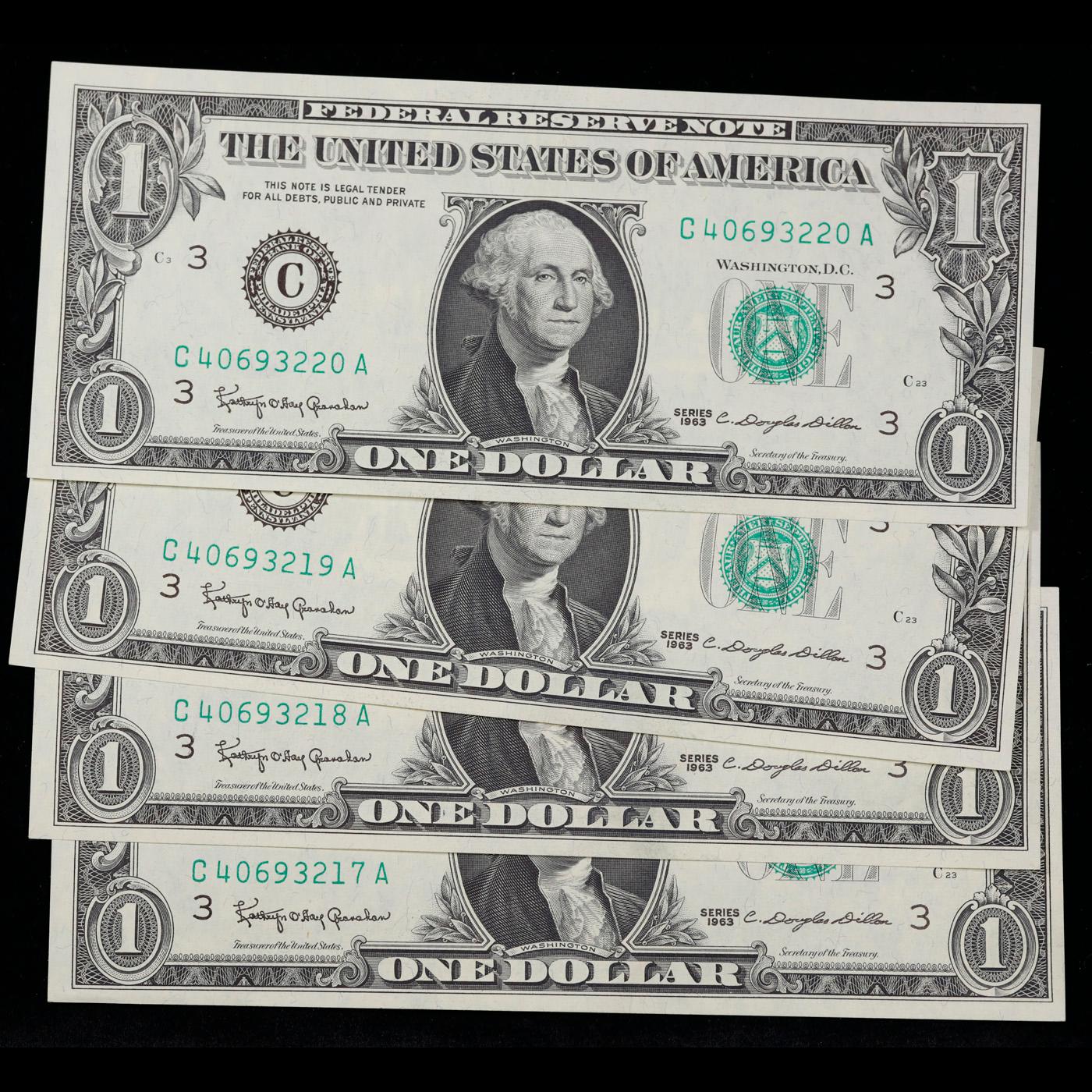 4x Consecutive 1963 $1 Federal Reserve Notes (Philadelphia, PA), All CU Grades CU