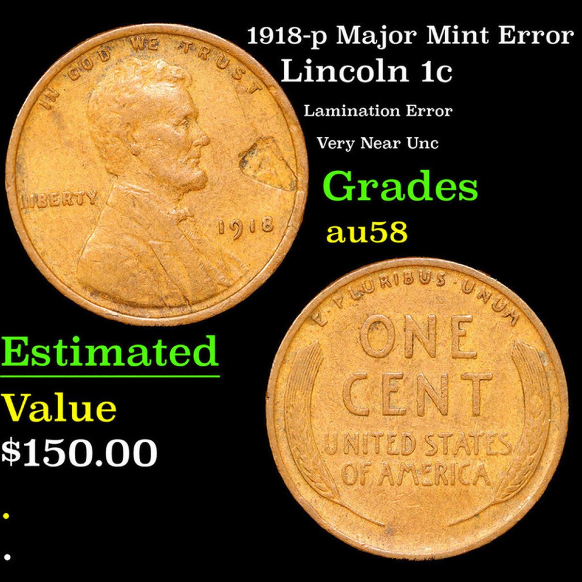 1918-p Lincoln Cent Major Mint Error 1c Grades Choice AU/BU Slider
