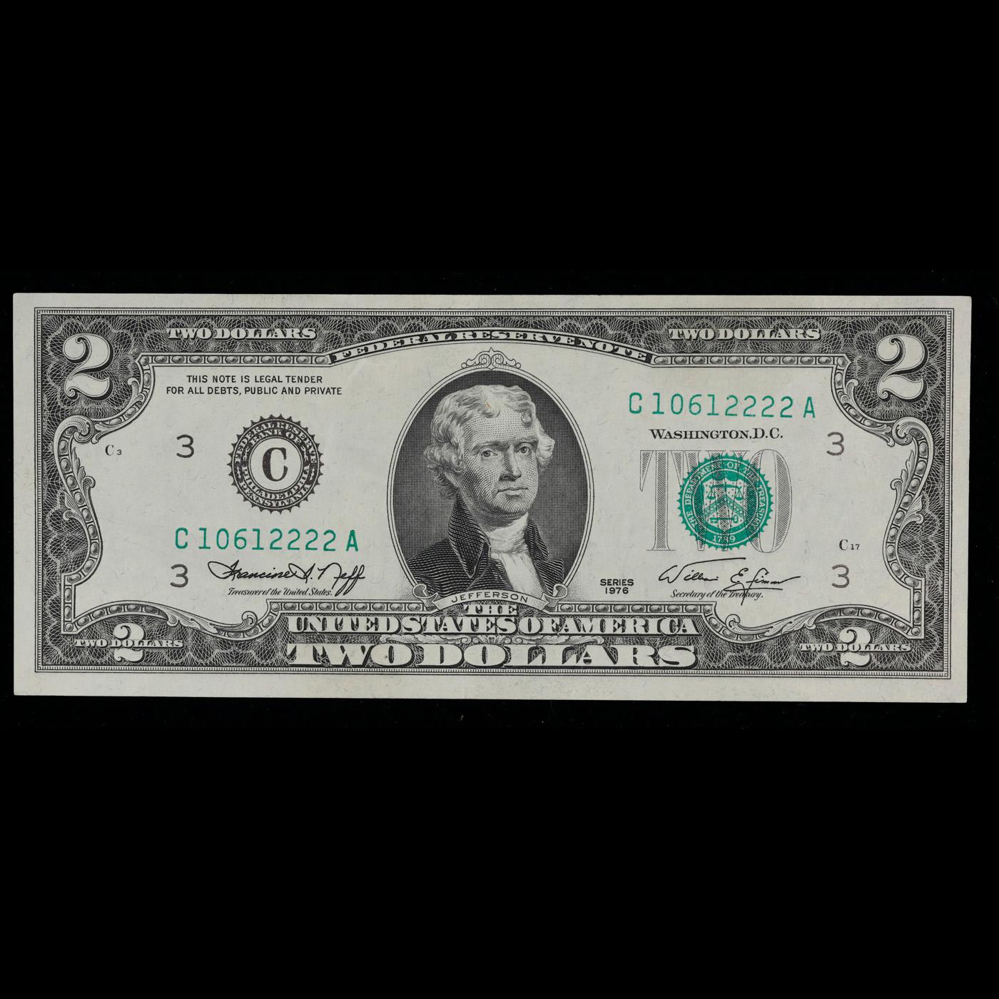 1976 $2 Green Seal Federal Reserve Note (Philadelphia, PA) Grades Choice AU/BU Slider