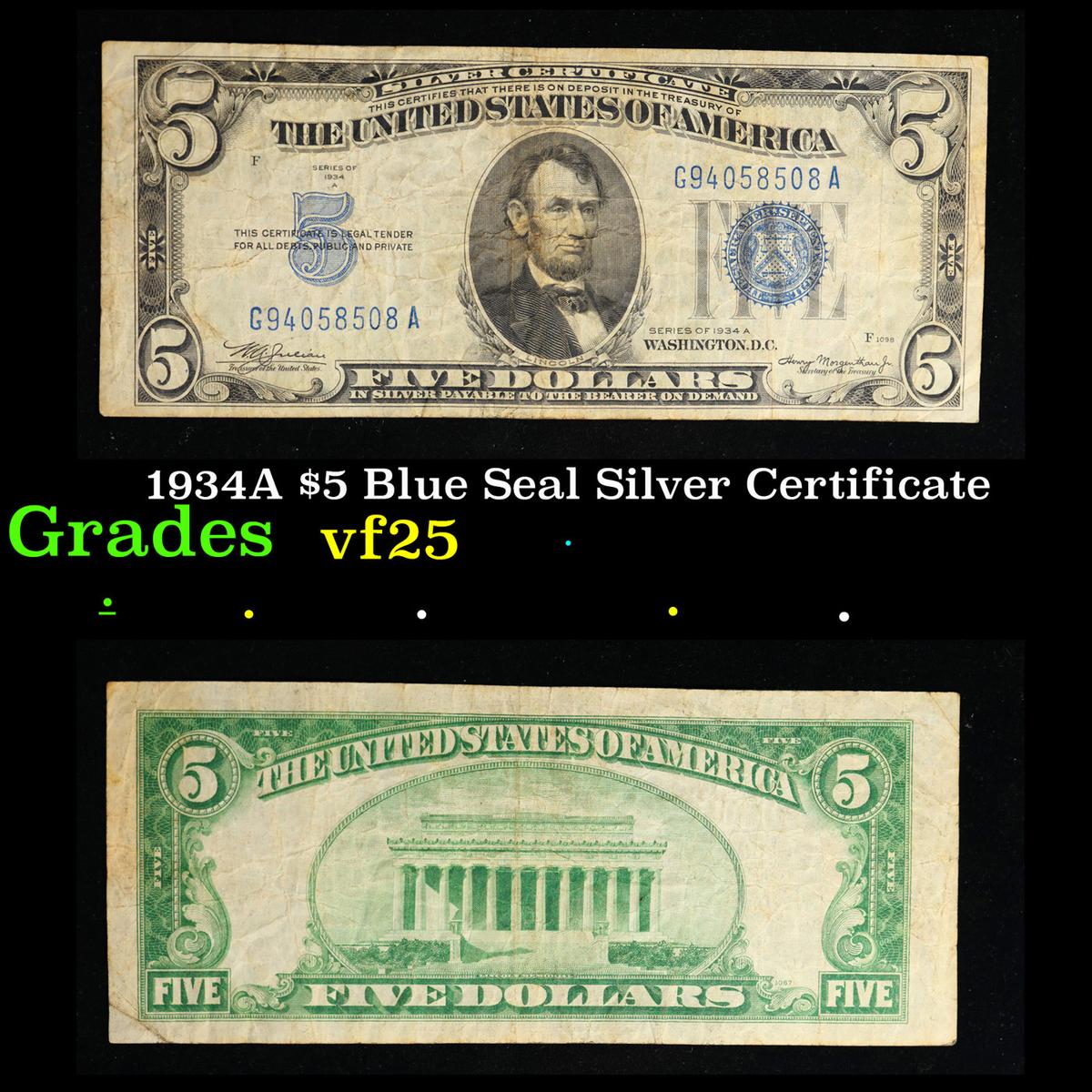 1934A $5 Blue Seal Silver Certificate Grades vf+